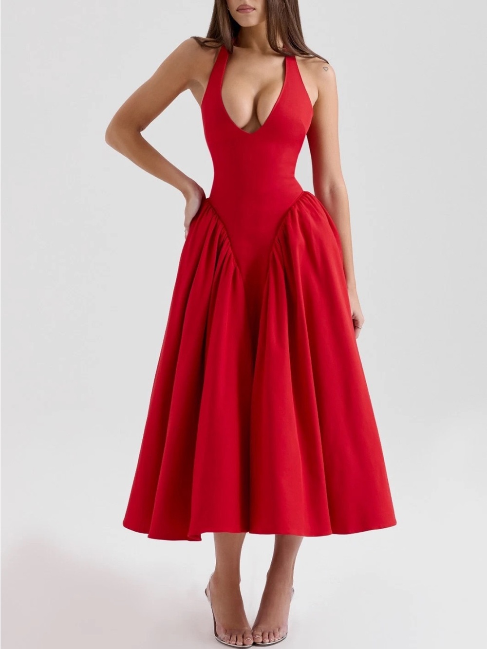 House of CB Marilyn red twill Halter Midi Dress